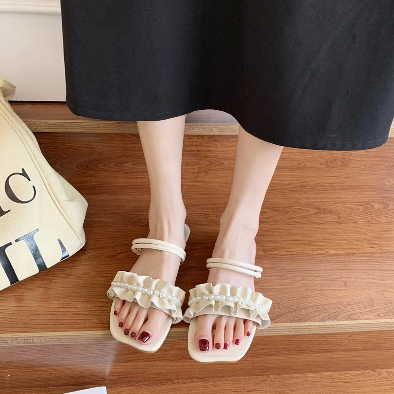 

Low Female Shoes Slippers Casual Slides String Bead 2021 Luxury Summer Rubber Scandals Basic Floral Rome Hoof Heels PU Shoes Sli