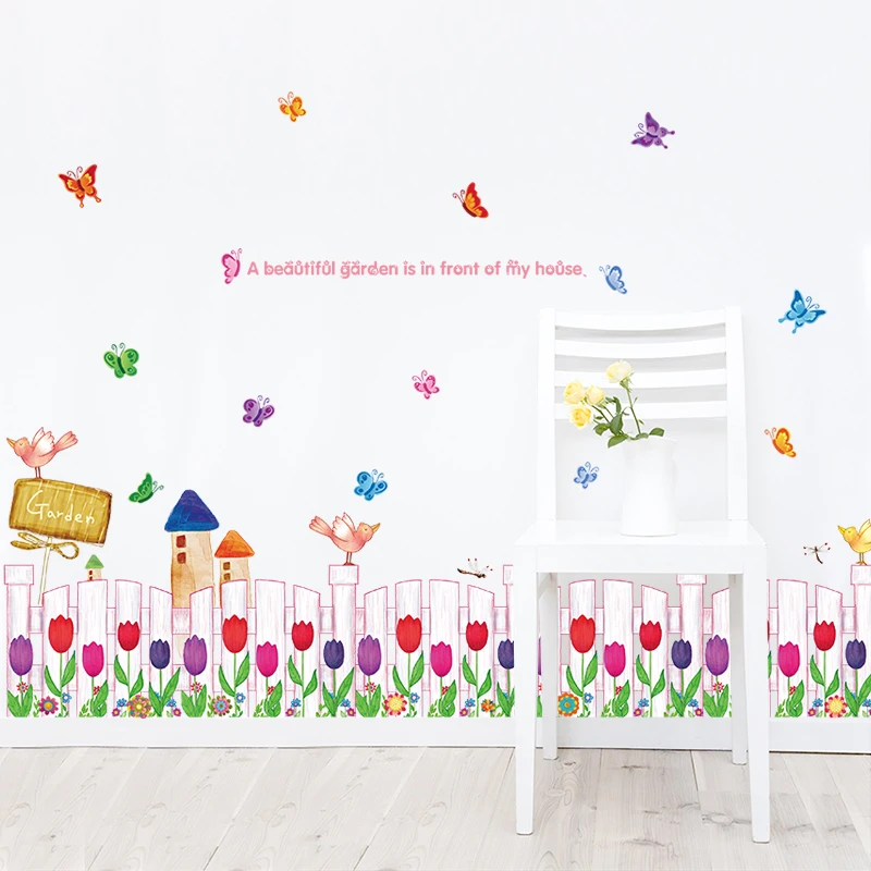 

Baseboard tulip Butterflies Wall Stickers for home Decor kids room Skirting Living room Bedroom Mural Beautiful flowers sticker