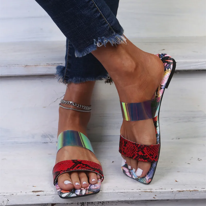 

2021 Women's Slippers Square Toe Flat Summer Shoes For Women Slip On Mixed Colors Women Sandals Wide Fit Sandalias And Sandals