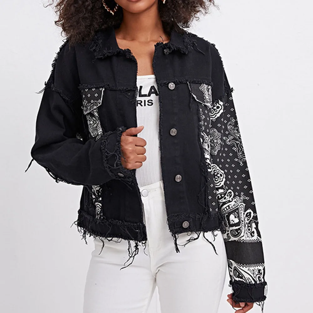 

Western Style Fashion Black Denim Jacket 2021 Spring Autumn New Casual Printing Lapel Long Sleeve Single-breasted Burrs Trend