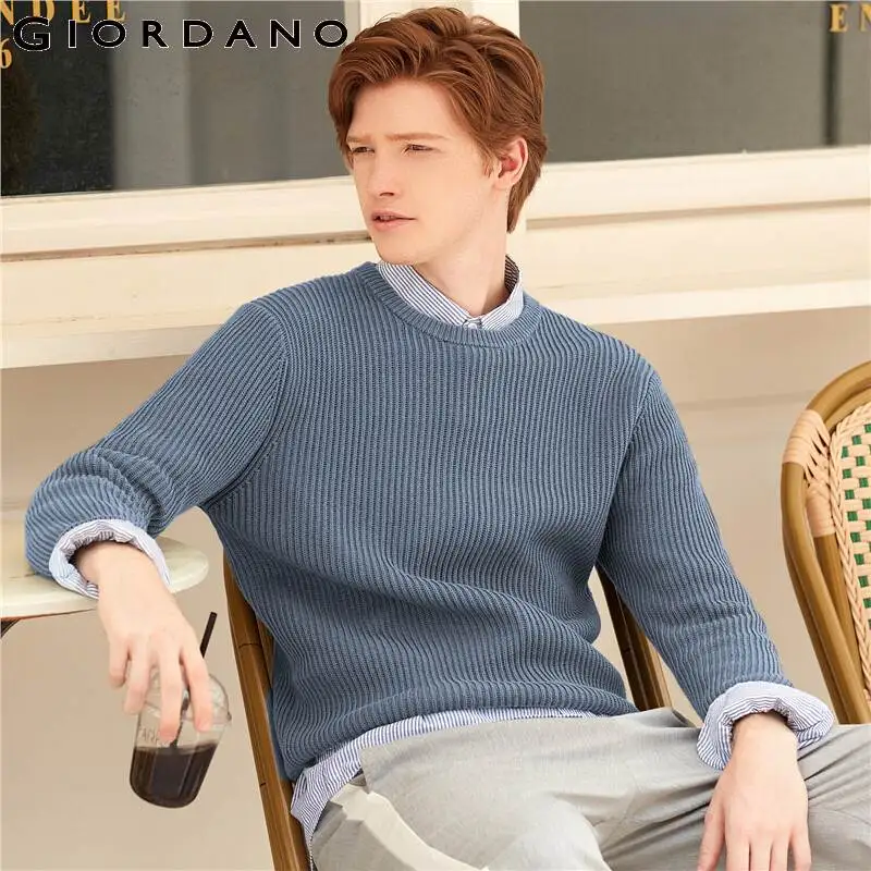 Giordano мужской вязаный джемпер с круглым вырезом под шею и длинными рукавами имеет