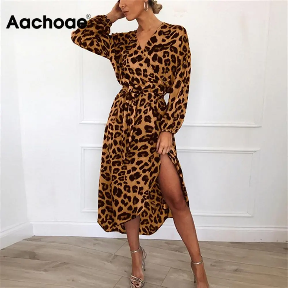 aliexpress - Aachoae Leopard Dress 2020 Women Vintage Long Beach Dress Loose Long Sleeve V-neck A-line Sexy Party Dress Vestidos de fiesta