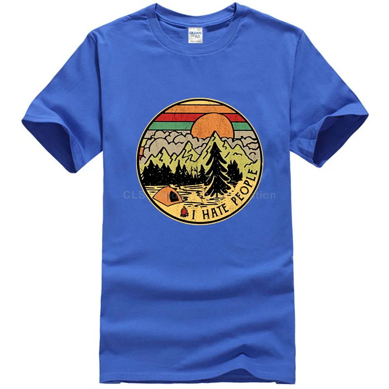 Camping I Hate People I Love Camping Винтажная футболка Черная Хлопковая мужская мультяшная Футболка Мужская Унисекс Новая модная свободная футболка - Цвет: Men blue