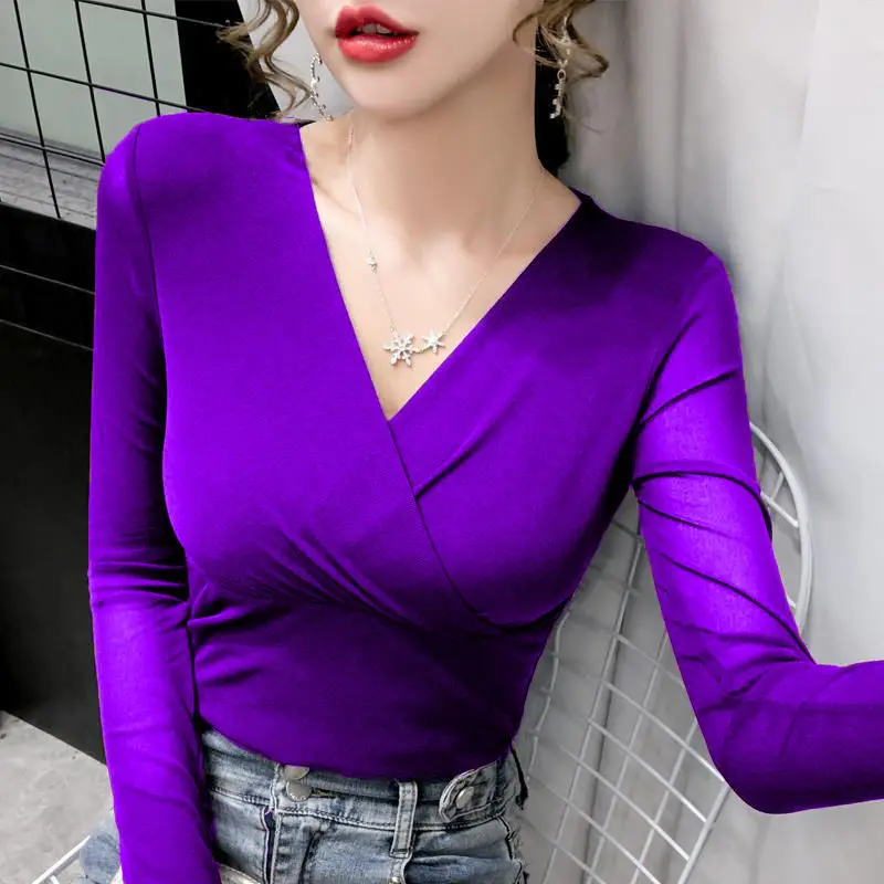 

Women's Spring Autumn Style Blouses Shirt Women's Long Sleeve V-Neck Solid Color Hollow Out Korean Sexy Tops DD9059