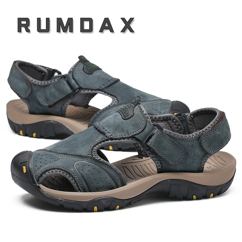 Genuine Leather Men's Sandals Summer Breathable Sandals Beach Casual Shoes Thick Sole Closed Toe Aqua Shoes for Hiking Fishing