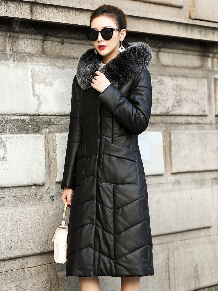 Leather Down Jacket Female Long Section 2020 New Slim Sheep Belt Cap Fox Fur Collar Female Big size High Quality Leather Jacket