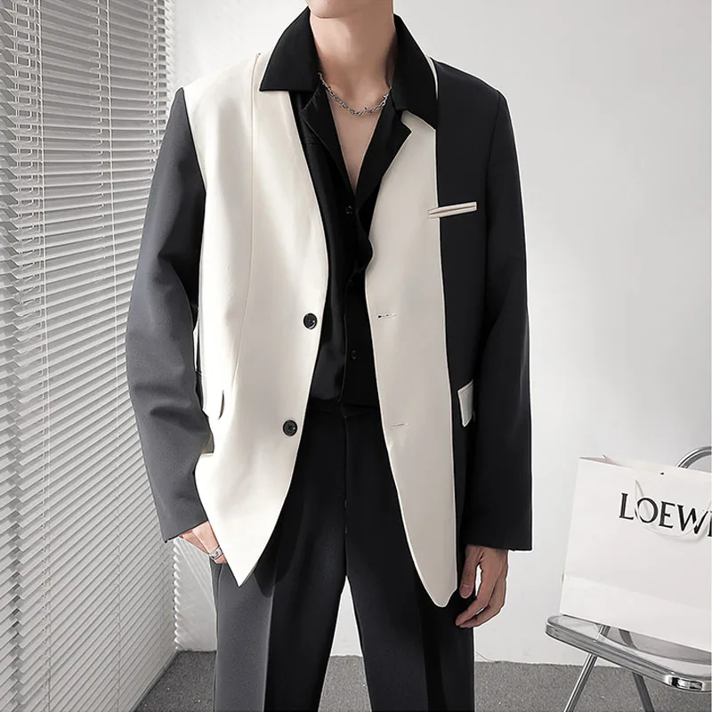 

Collarless Splice Casual Blazers Jacket Man Trendy Fashion Loose Suit Coat Men Japan Korean Streetwear Vintage Dress Suit Blazer