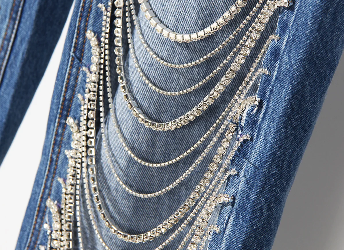 

SuperAen New Design High Waist Hollow Out Trousers Spring Summer 2021 New Diamond Chain Hole Washed Jeans