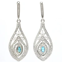 51x17mm bohemia design long paris blue topaz morganite cz sister silver earrings wholesale drop shipping