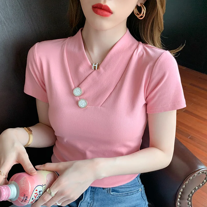 

Solid Cotton Streetwear Short Sleeve Women Tops Sexy V-neck Buttons Female Shirts Summer Elegant Ladies T Shirts 2021 New Tees