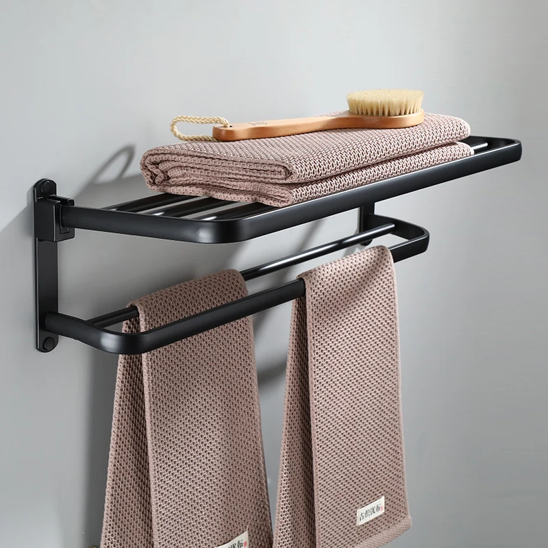 

Bathroom Towel Rack Space Aluminum Black Foldable Bath Towel Holder Folding Bath Shelves Towel Rail