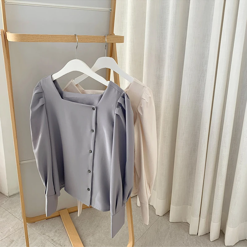 

2020 Women's Summmer Square Collar cardigan Shirt Female Little Sexy Elegant Shirt Lantern Sleeve cardigan Thin Tops
