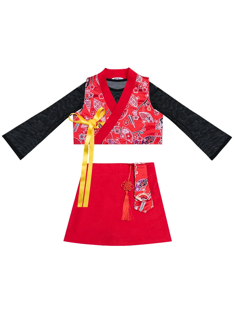 

Girls Hip-Hop Red Suit Chinese Style Kids Model Catwalk Show Costumes Children Modern Jazz Street Dance Festival Dress