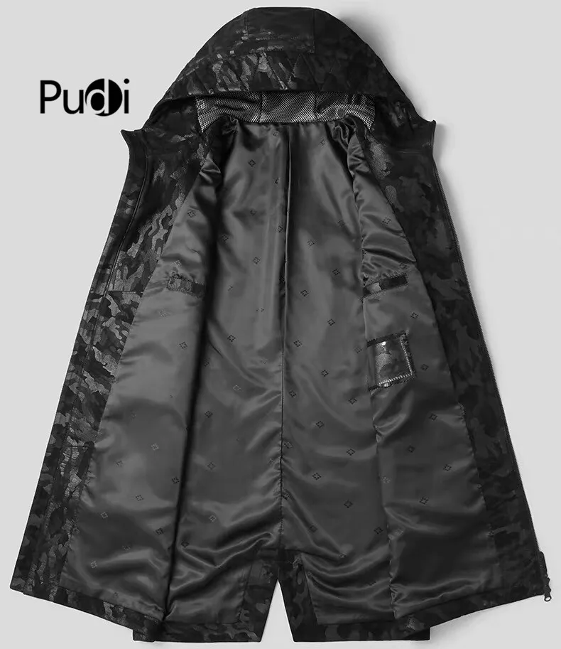 Pudi MT906 Новая модная мужская куртка из натуральной овечьей кожи камуфляжная Длинная кожаная куртка с капюшоном зимняя теплая верхняя одежда
