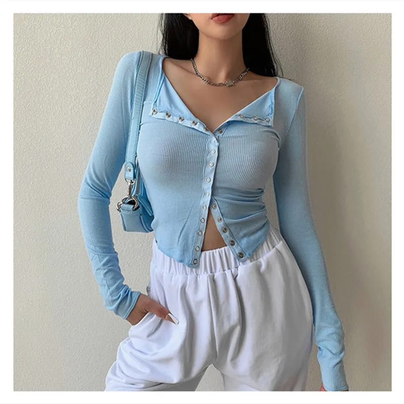 

Long-sleeved T-shirt women's micro-transparent single-breasted threaded tops stretch tight and thin sexy bottoming shirt fashion
