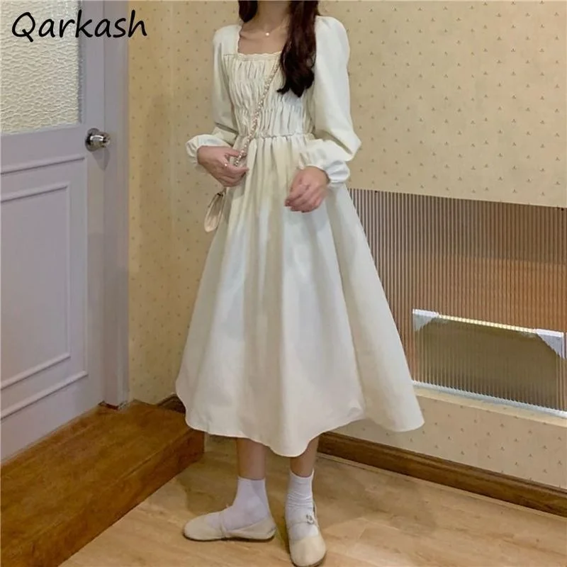 

Long Sleeve Dress Women Square Collar Folds French Style Elegant Simple Spring 3 Colors Retro Popular Holiday Mujer Fashion Ins