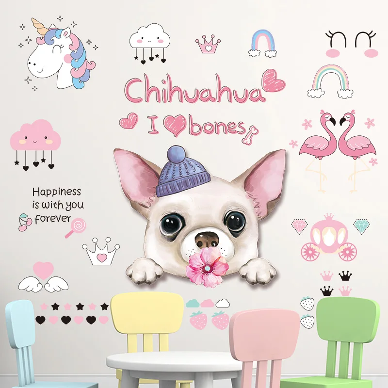 

[shijuekongjian] Cartoon Dogs Wall Stickers DIY Unicorn Flamingo Animal Wall Decals for Kids Room Baby Bedroom House Decoration