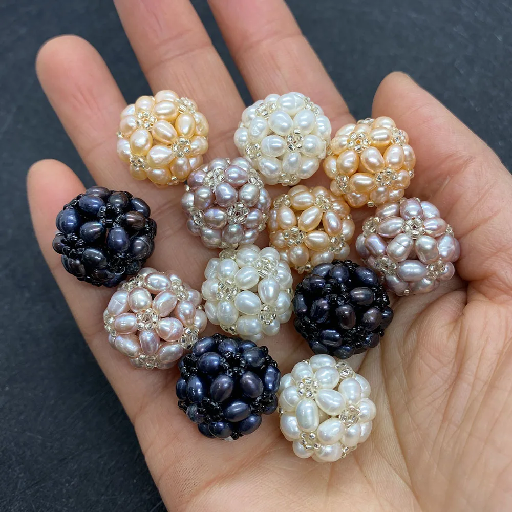 

Hand-woven Hollow Colored Flower Ball Natural Freshwater Pearl Loose Beads White Purple Black DIY Necklace Bracelet Accessories