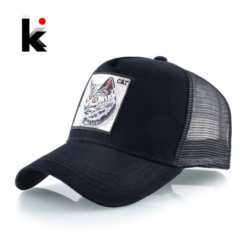 Бейсболка с вышитым котом Женская сетчатая Кепка для папы в стиле хип-хоп