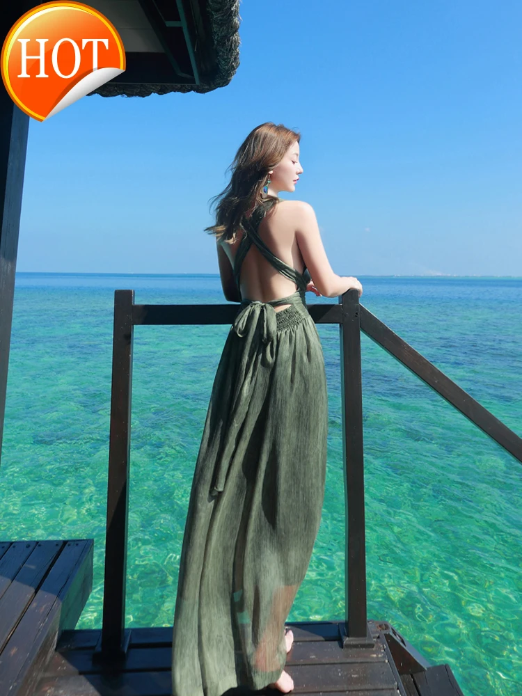 

Sanya Travel Photo clothes sexy open back beach skirt women's beach holiday dress super fairy beach skirt long skirt