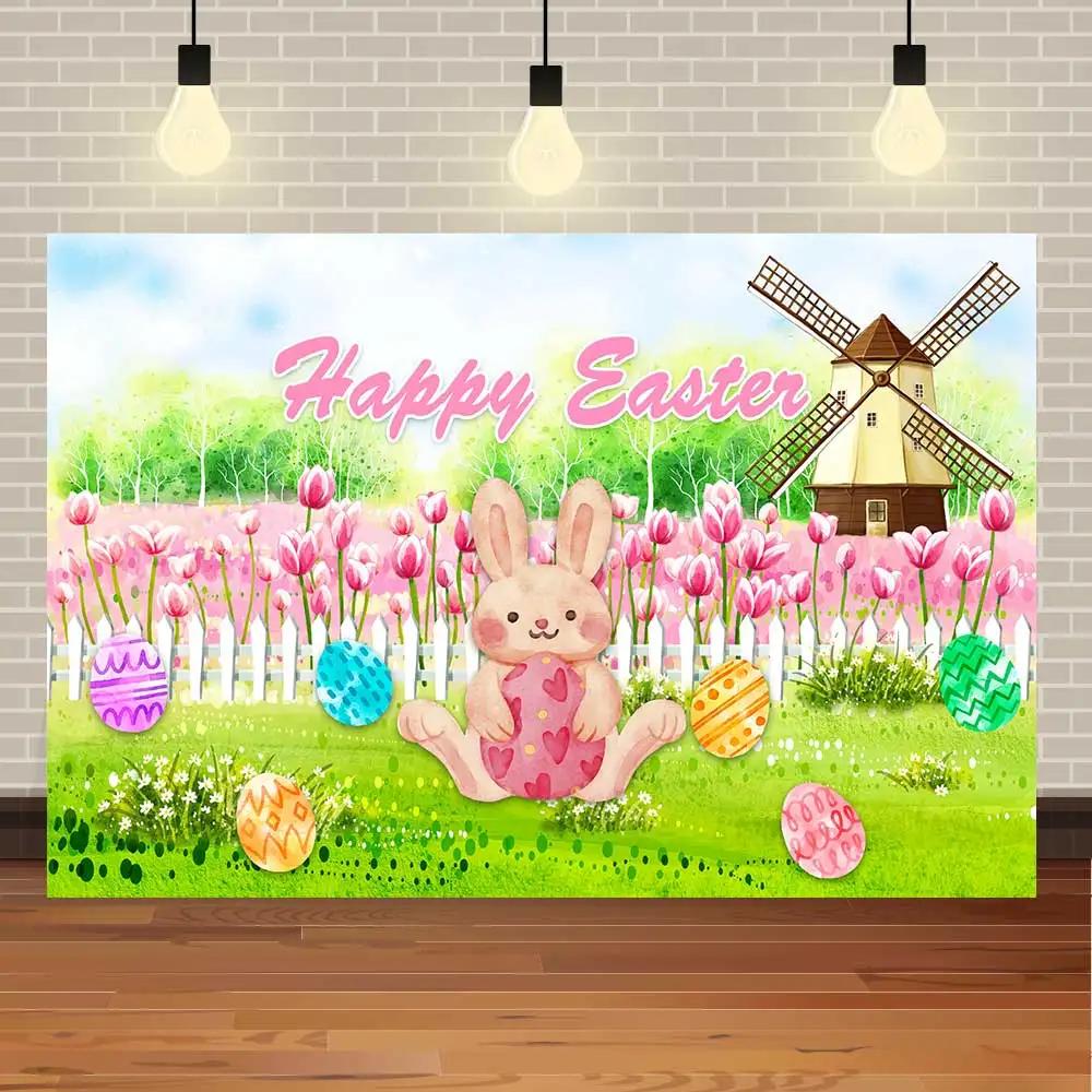 

NeoBack Happy Easter Spring Bunny Easter Eggs Windmill Watercolor Flowers Party Banner Photo Backdrop Photography Background