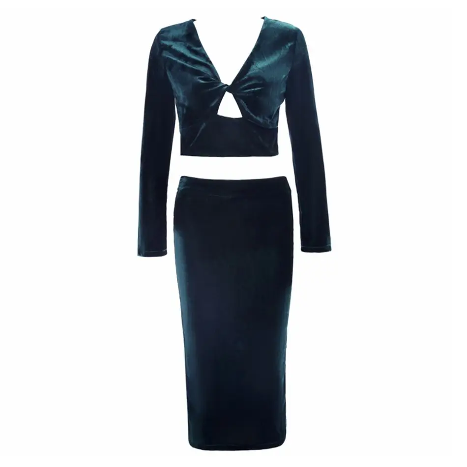 

2021 New Celebrity Party Bodycon Velvet Two-piece Women Long Sleeve V-Neck Hollow Out 2 pieces Sexy NightClub Women Suit