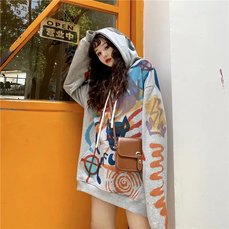 Женская толстовка с капюшоном YASUGUOJI длинным рукавом и геометрическим принтом в