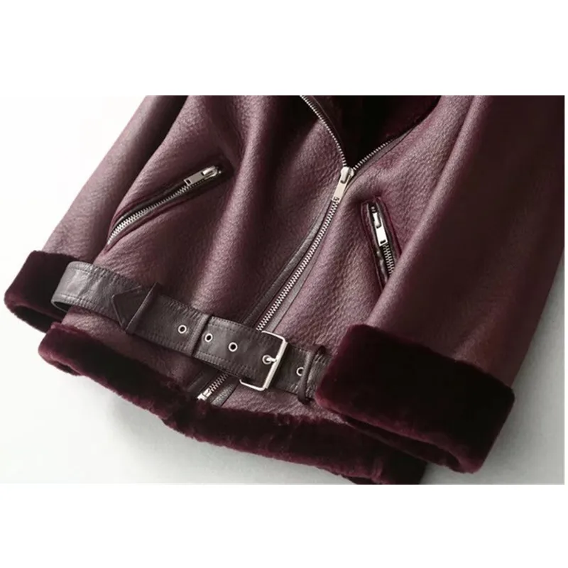 

Winter Black Women Sheepskin Coats Thicken Faux Leather Fur Coat Female Fur Lining Leather Jacket Short Aviator Jacket feminino