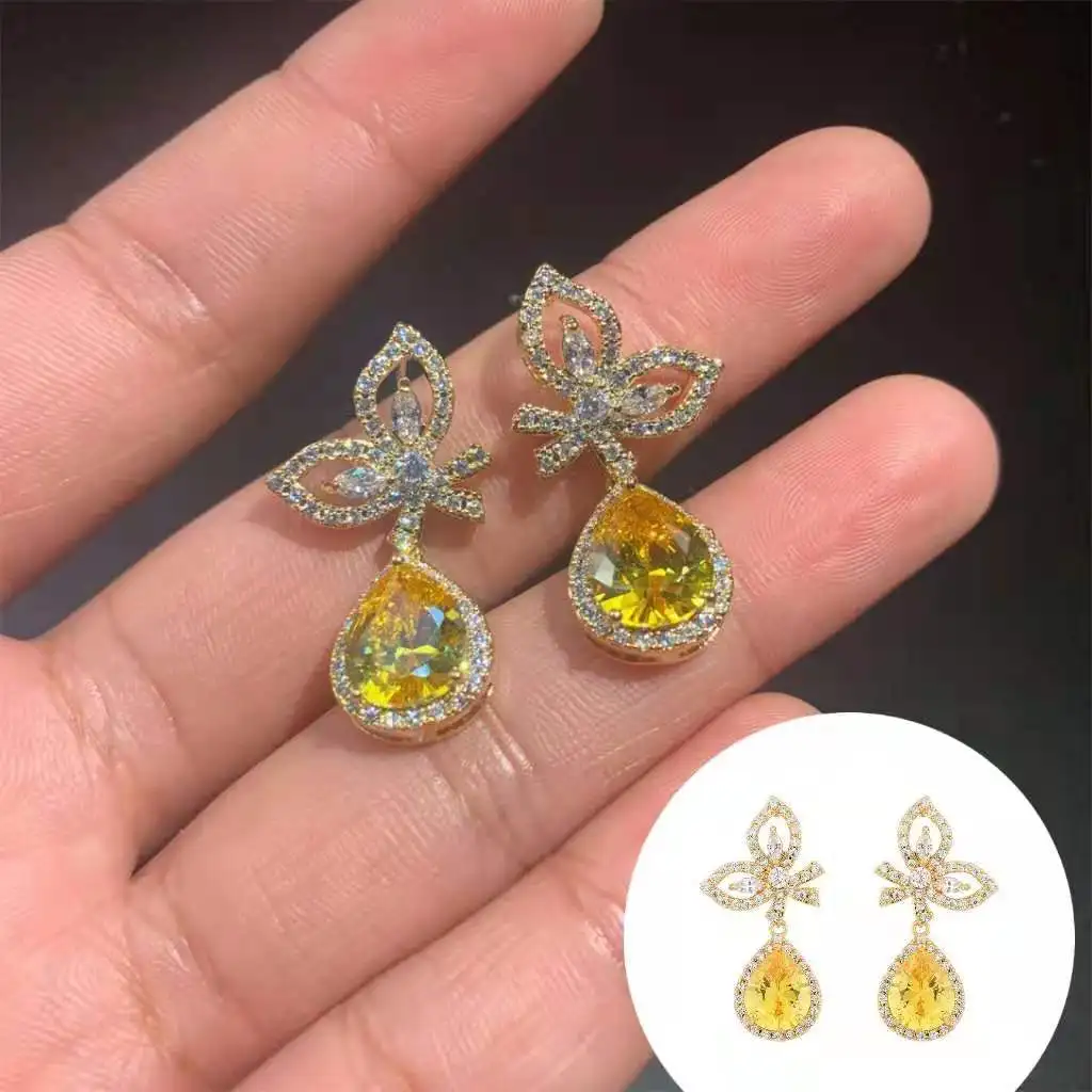 

Sterling Silver Jewelry Earrings Yellow Crystal Zircon Inlaid Luxury Jewelry Women's Valentine's Day Gift Wedding Accessories