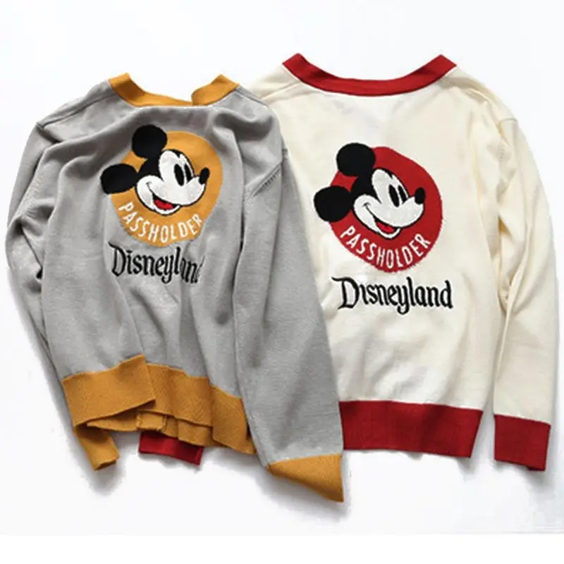 

Disney woman cartoon Mickey Mouse Korean version of all-match cartoon sweater cardigan V-neck color-blocking sweater Loose coat