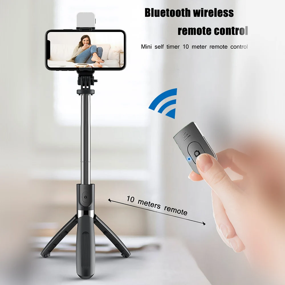 

Extend the wireless bluetooth selfie stick foldable mini tripod, equipped withCamera Android's fill light shutter remote control