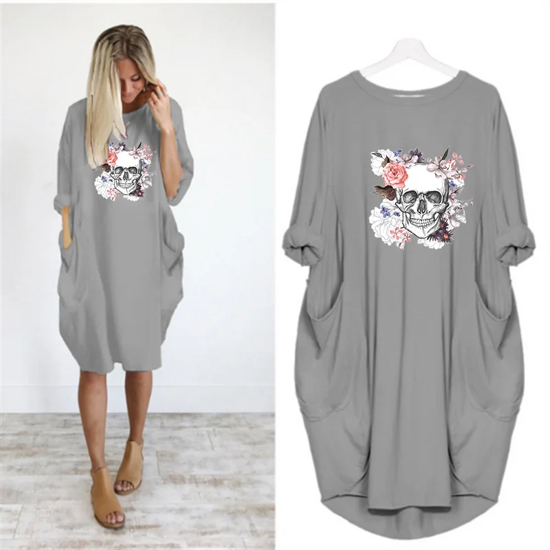 

Plus Size Women's Midi Dress Skull Print Long Sleeve O Collar Pocket Loose Vintage Vestidos Robes Femme Casual Female Dresses
