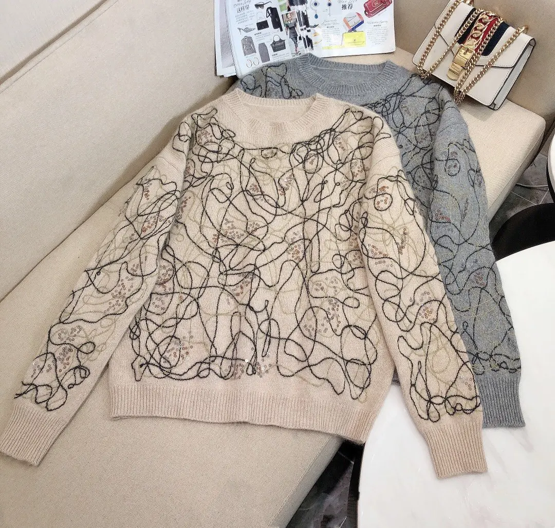 

ladies 2023 fashion new long sleeve sexy casual round neck embroidered sequin sweater 1130