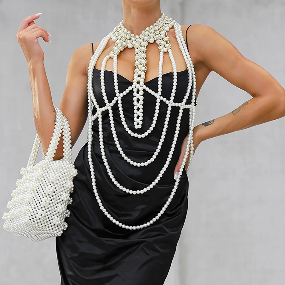 

Pearl Shawl Necklaces Women New Punk Style Beaded Collar Shoulder Long Chain Necklaces Sexy Wedding Dress Body Jewelry
