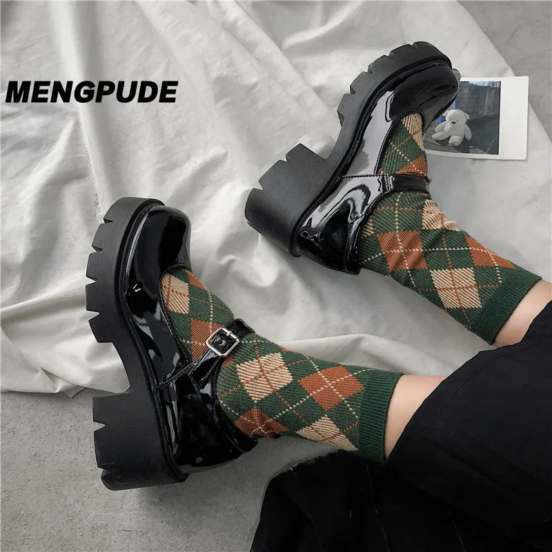 

MPD Fashion Casual Patent Leather Shoes Spring Autumn Shoes Women's Buckle Strap High Heels Retro Platform Lolita Shoes Woman