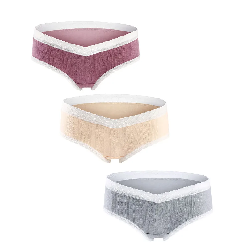 Bragas de maternidad de algod&oacute;n transpirables para mujeres embarazadas, ropa interior de vientre de cintura baja con encaje, bragas de embarazo, 3 unids/paquete-2