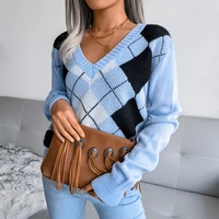 new college style womens v neck knitted sweaters elegant long sleeve argyle print loose jumper tops