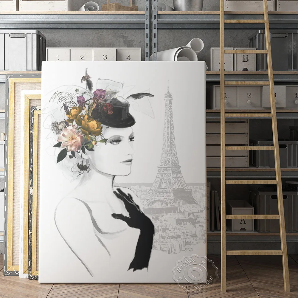 

Elegant Fashion Watercolor Illustration, Paris Lady Tower Flower Cap Poster, Minimalism Figure Painting, Abstract Line Art Print