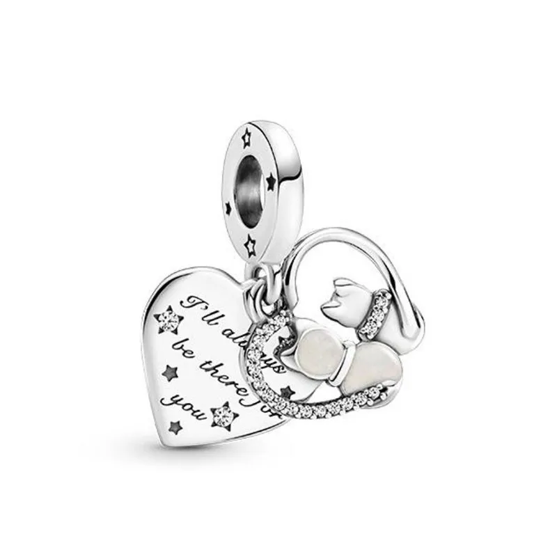 

100% 925 Silver New Cat And Love Pendant For Original Pandora Bracelet Necklace Women's Diy Charm Jewelry