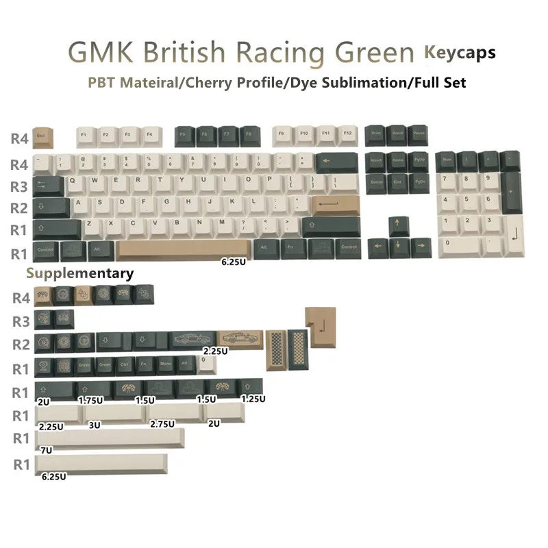 

Персонализированные английские гоночные зеленые клавиши GMK PBT Dye-Sub Cherry Profile 144 клавиш с 6.25u 7u Spacebar Iso Enter