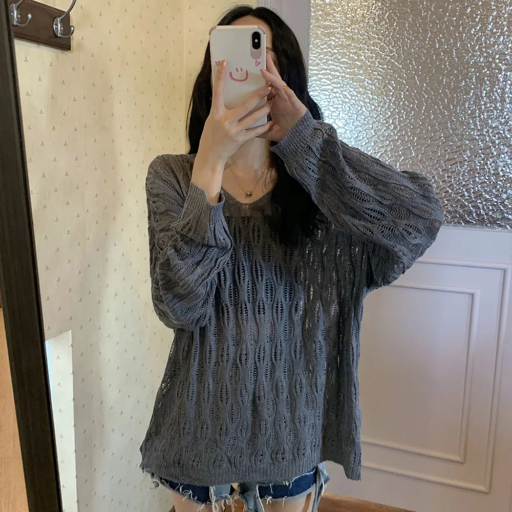 

Korean Version Japanese Sweater Spring Summer Fashion Loose Casual Knitting Perspective Simple V-neck Long Sleeve 2021