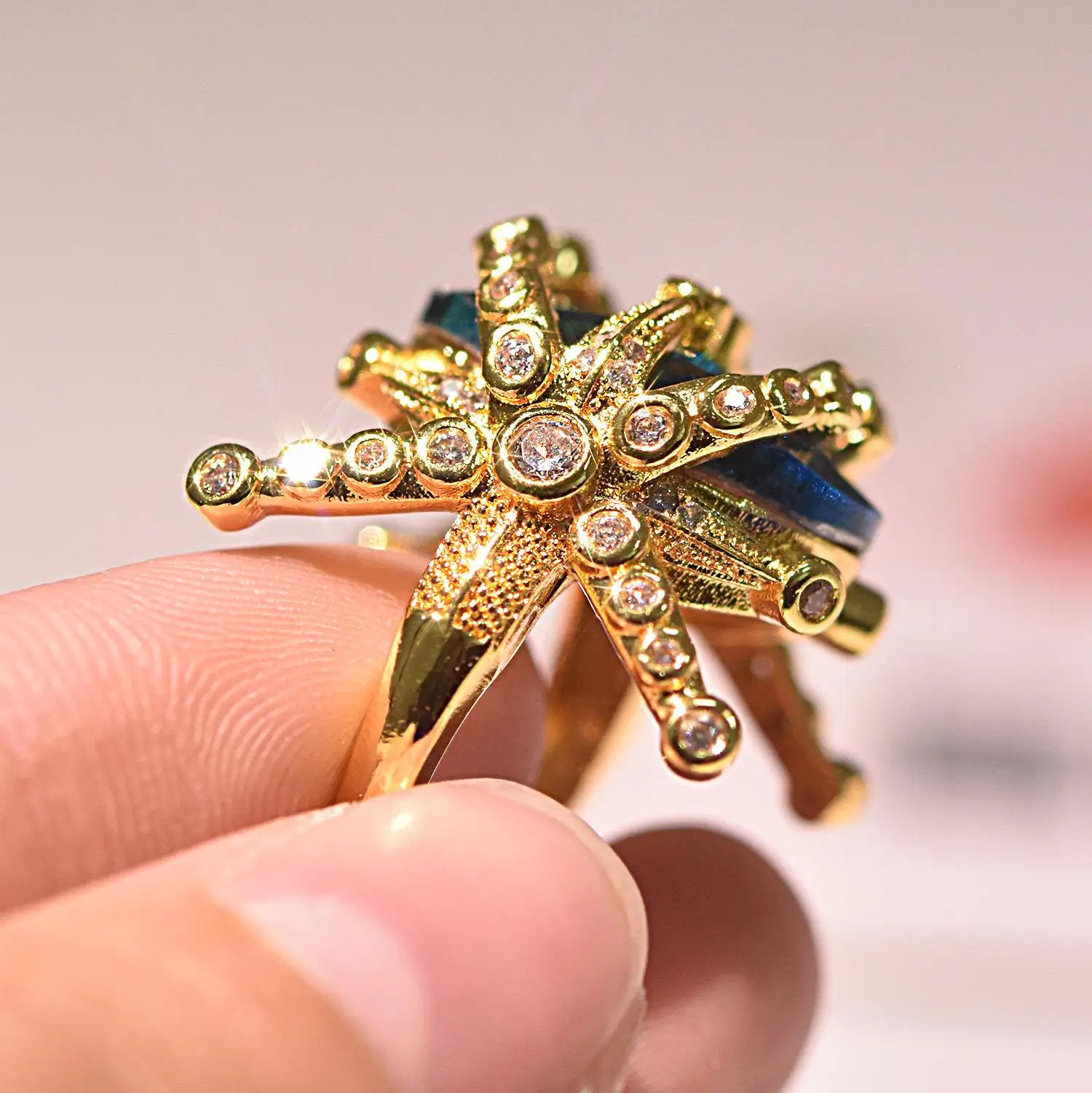 

14k Yellow Gold Sapphire Diamond Ring for Women Peacock Blue Topaz Stone Dainty Jewelry Bizuteria Anillos Wedding Ring Gemstone