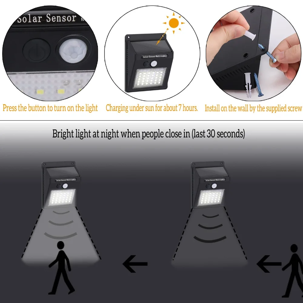 Настенный светильник на солнечной батарее с пассивным ИК датчиком движения 30