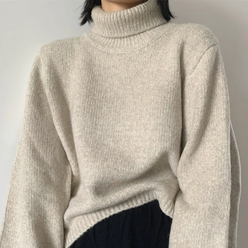 

Turtleneck Sweater Women Loose Short Front and Long Back Autumn and Winter New Female Simple Pullover Knitwear