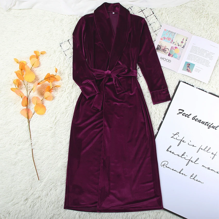

HECHAN Velvet Bathrobe For Women Knitted Long Sleeve Sleepwear Solid Robe With Sashes Elegant Spring Casual Female Nightwear
