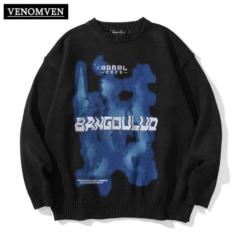 

Вязаный свитер в стиле ретро Харадзюку с абстрактным геометрическим рисунком Мужской дизайнерский корейский пуловер оверсайз в готическо...