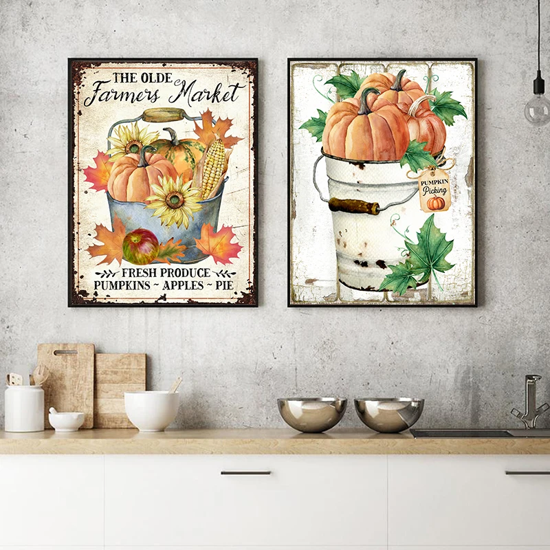 Винтажный постер с изображением тыквы и листьев фермерского рынка | Дом сад