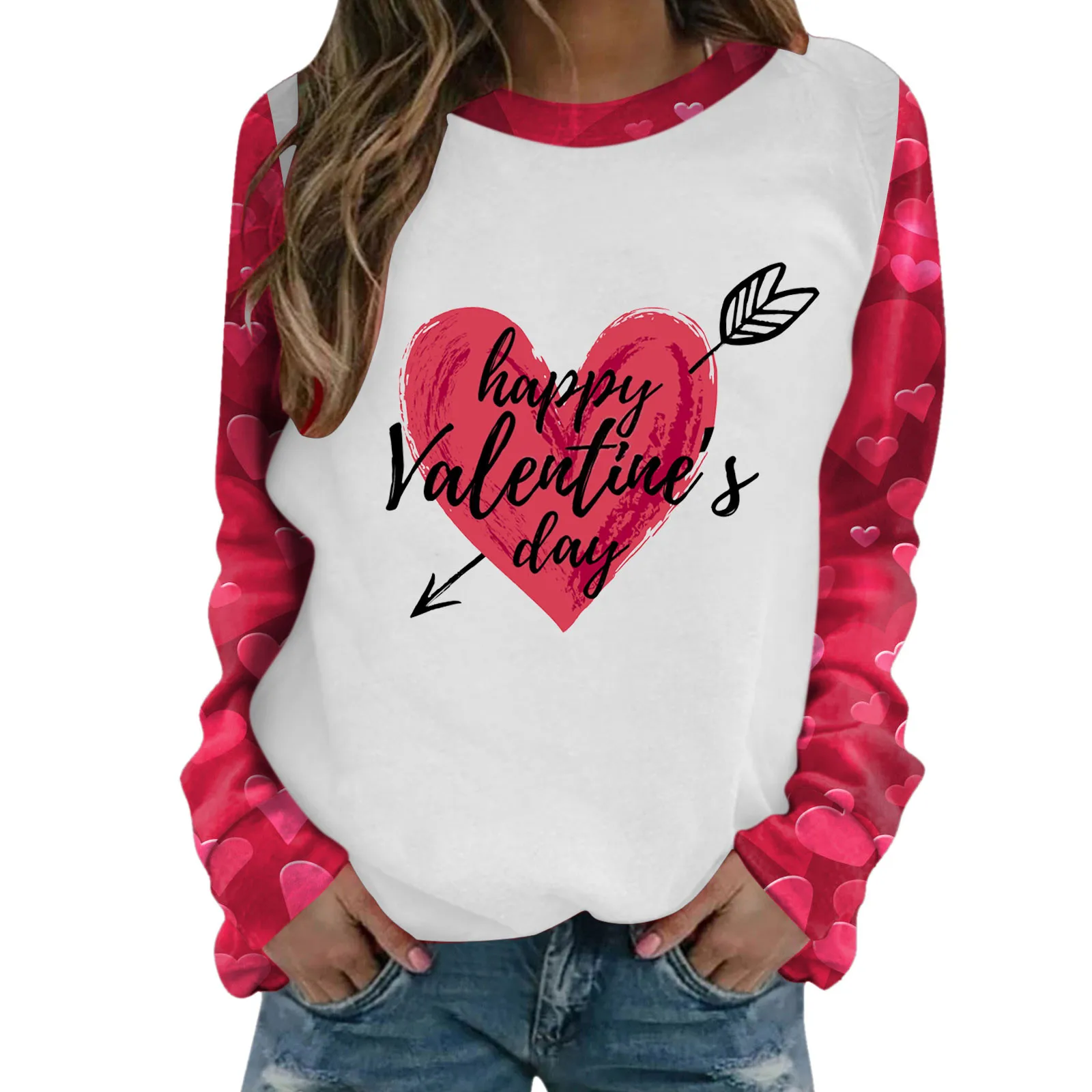 

Женские Модные свитшоты на День святого Валентина с принтом Love Patchork пуловер с длинным рукавом Свитшот Повседневная блузка топы толстовки