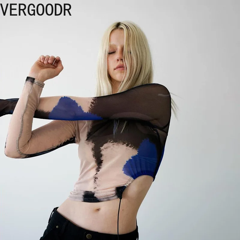 

Vergoodr Printed Woman tops 2021 Autumn Fashion Round Neck Long Sleeve Sexy See-through Hollow T-shirt Female Graphic Tee
