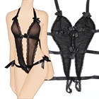 Прозрачная Пижама комбинезон с V-образным вырезом, кружевное сексуальное нижнее белье, соблазнительное Эротическое платье с открытой промежностью, интимные игрушки для женщин